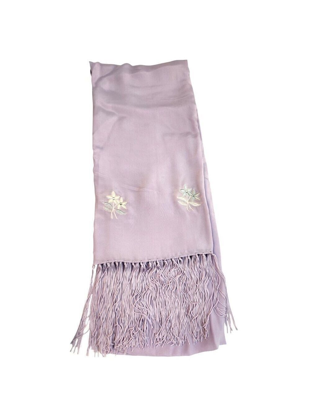 Lavender Scarf Embroidered Floral Rhinestone Fringed 76x21 inches Silk Rayon Pre